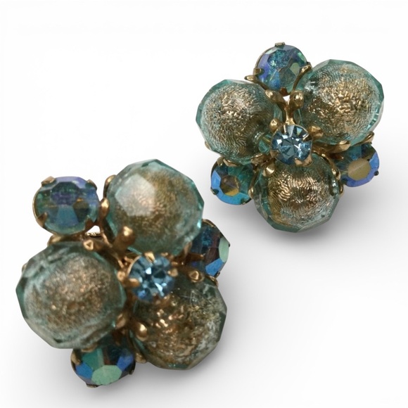 Vintage Signed VOGUE Cluster Earrings - Gold Tone, Blue & AB Rhinestones - Picture 7 of 11